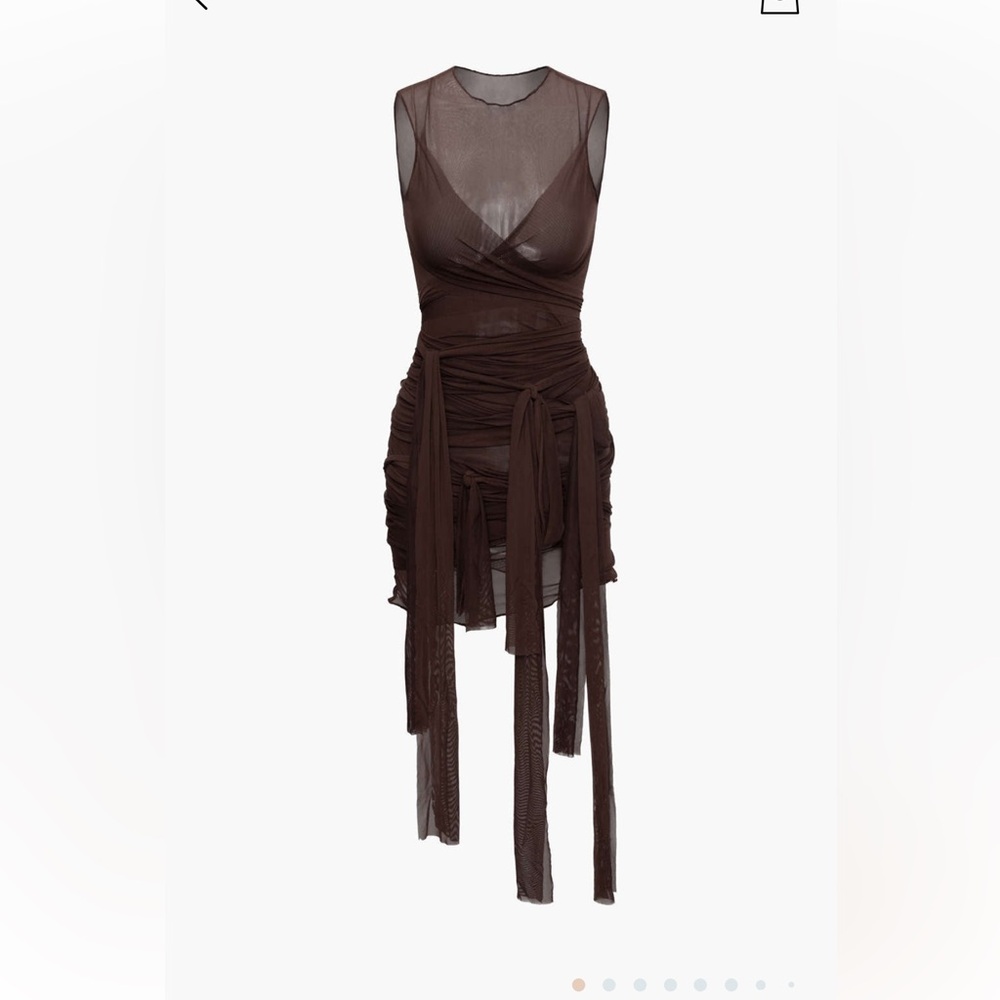 Meshki Brown Sheer Ruched Tie-Detail Mini Dress